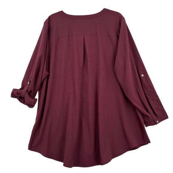 Denim & Co Blouse Top Size 2X Raisin Red Button Up Shirt Roll Tab Sleeve Stretch - Picture 6 of 9
